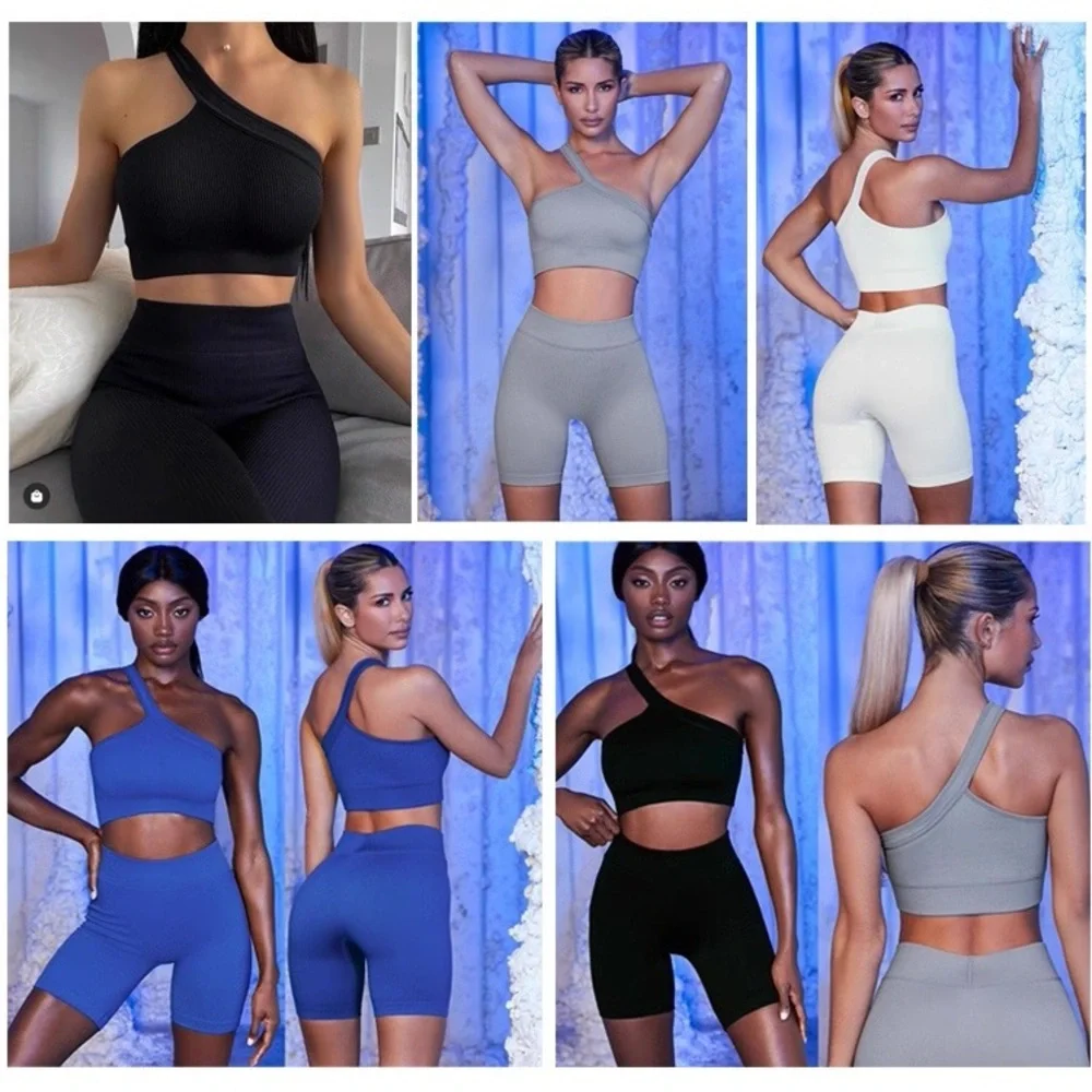 Blue One-Shoulder Ribbed Crop Top - Picture 2 of 2